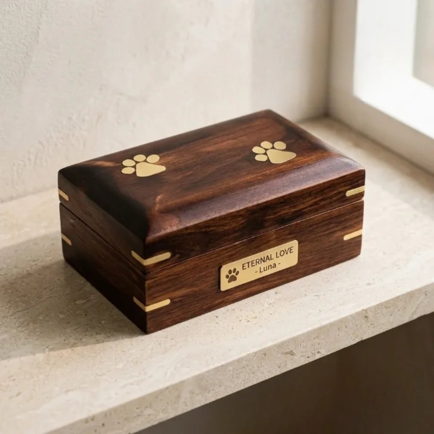 Wooden pet cremation urn keepsake box with paw print inlay - Lovenary