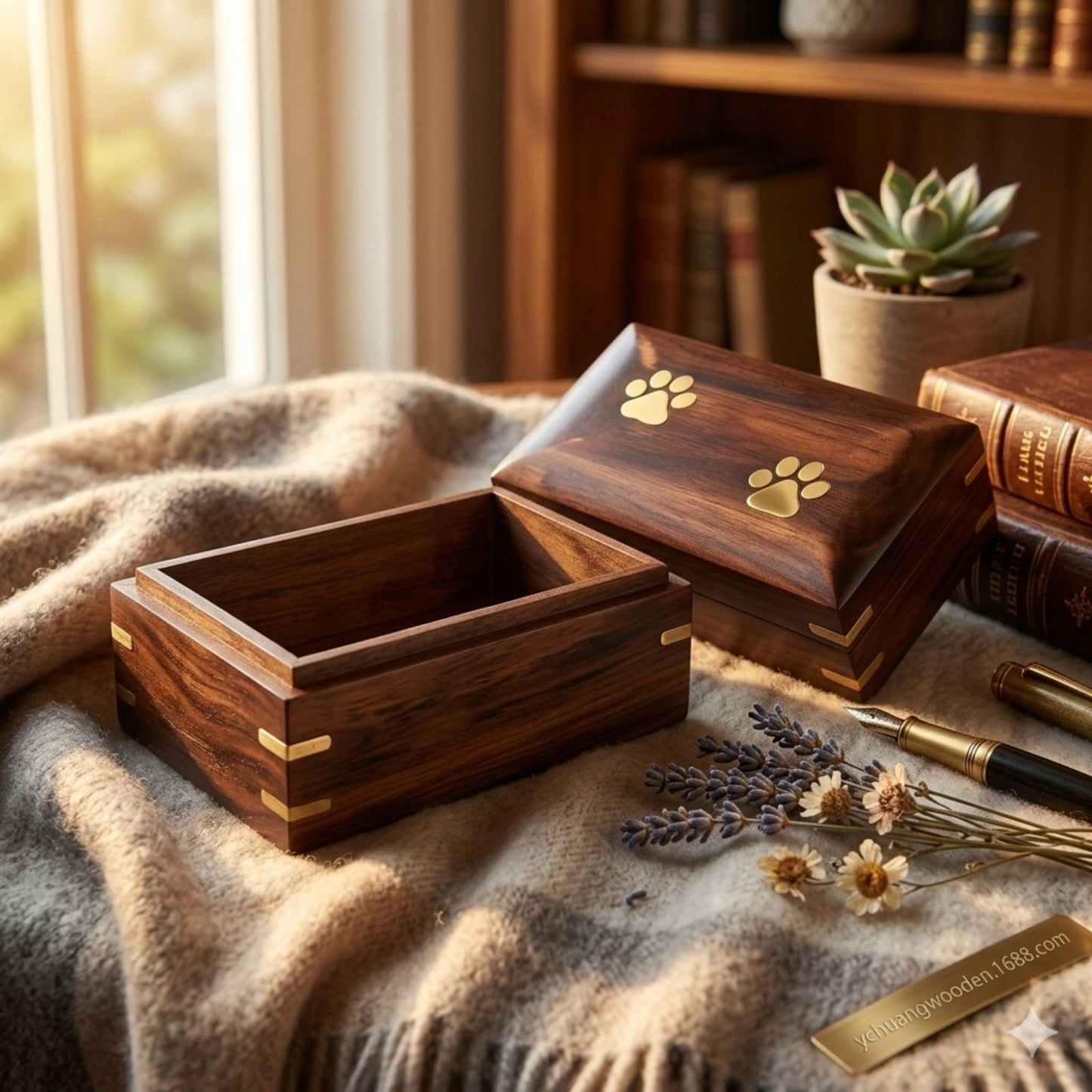 Close-up of wooden keepsake urn closure and lid fit