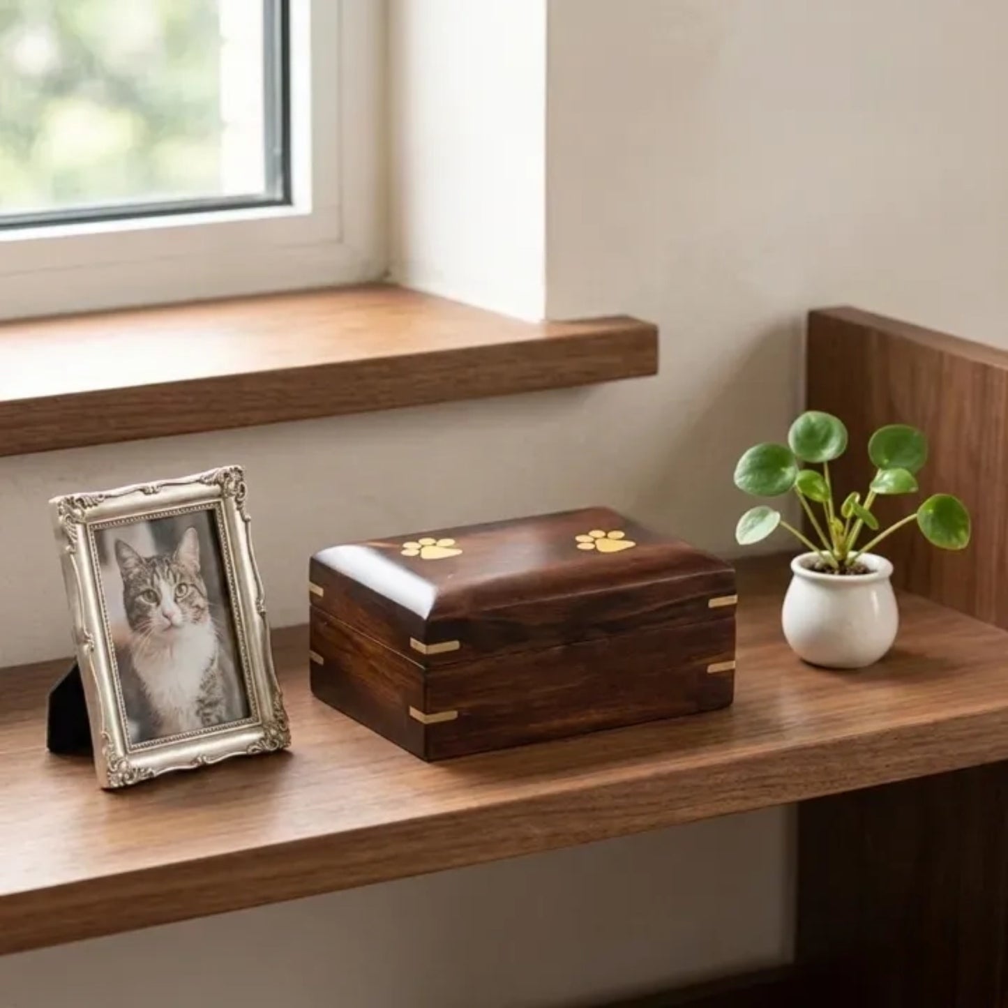Wood pet urn keepsake box displayed on a shelf as a memorial keepsake